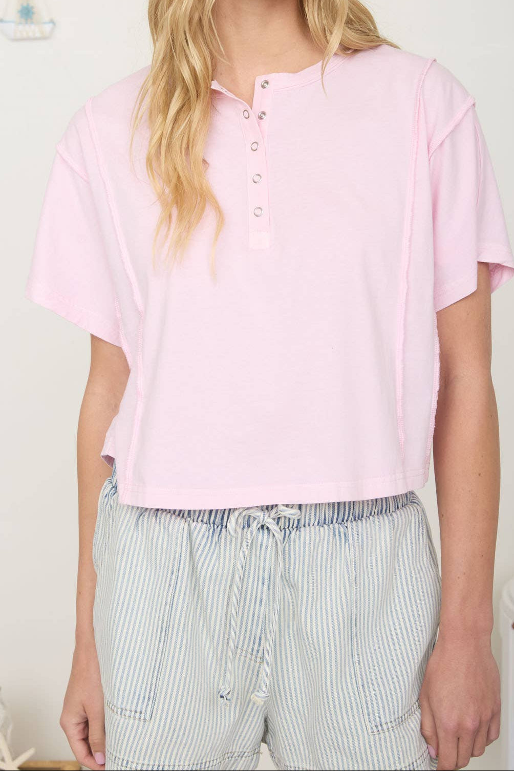 BOXY FIT HENLEY SHORT SLEEVE KNIT TOP
