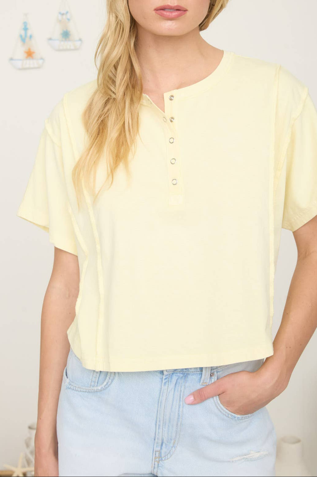 BOXY FIT HENLEY SHORT SLEEVE KNIT TOP