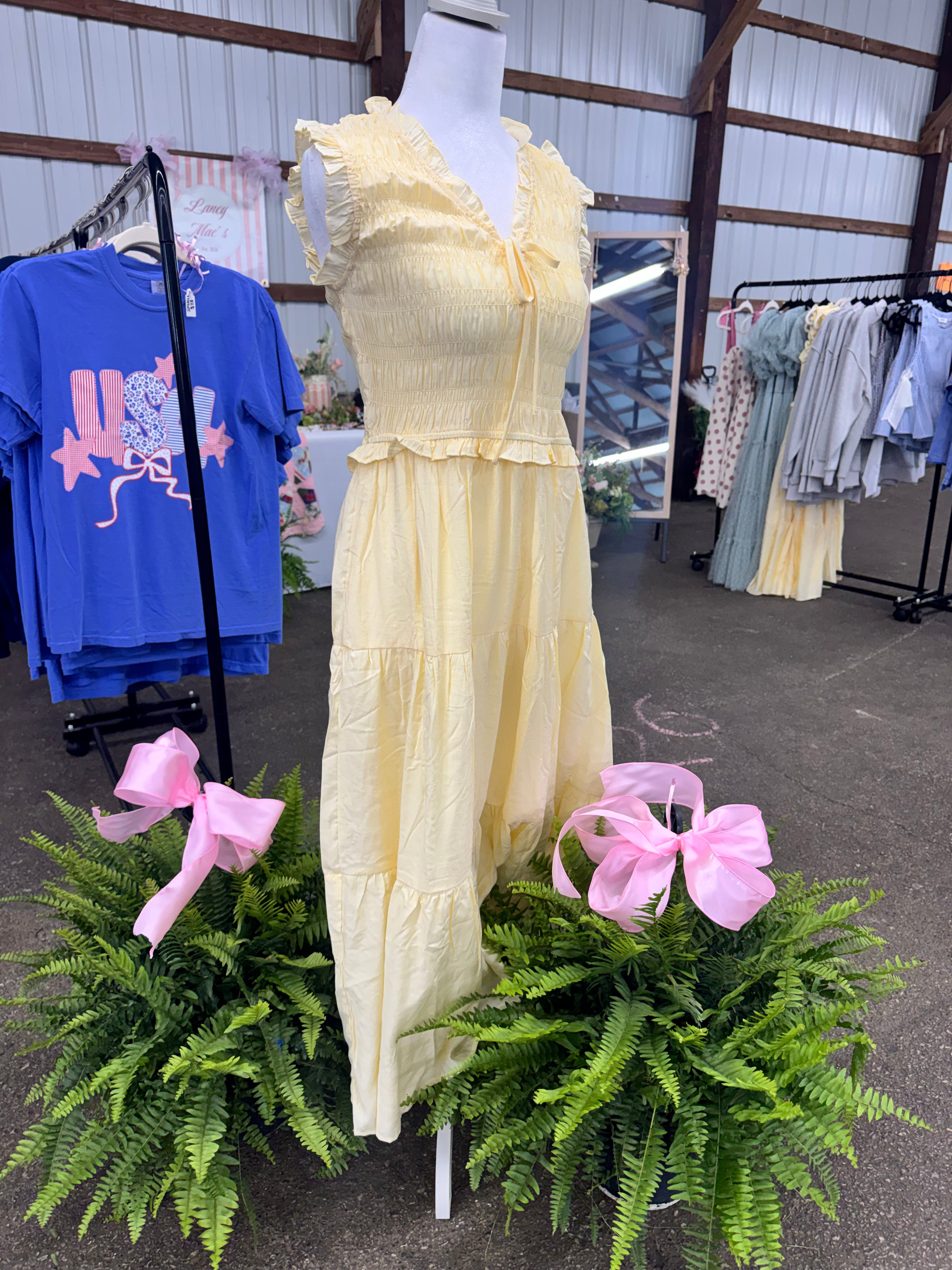 Yellow Smocked Midi Dress