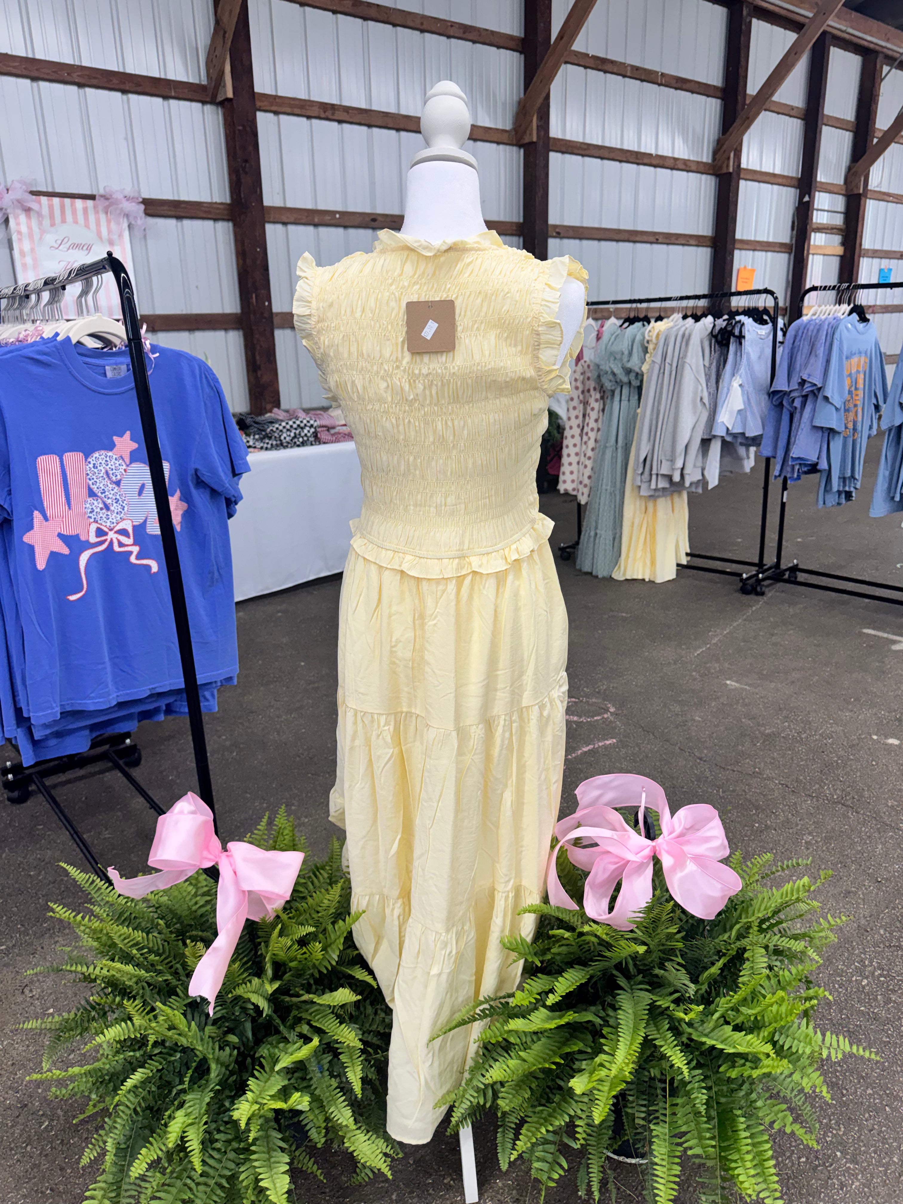 Yellow Smocked Midi Dress