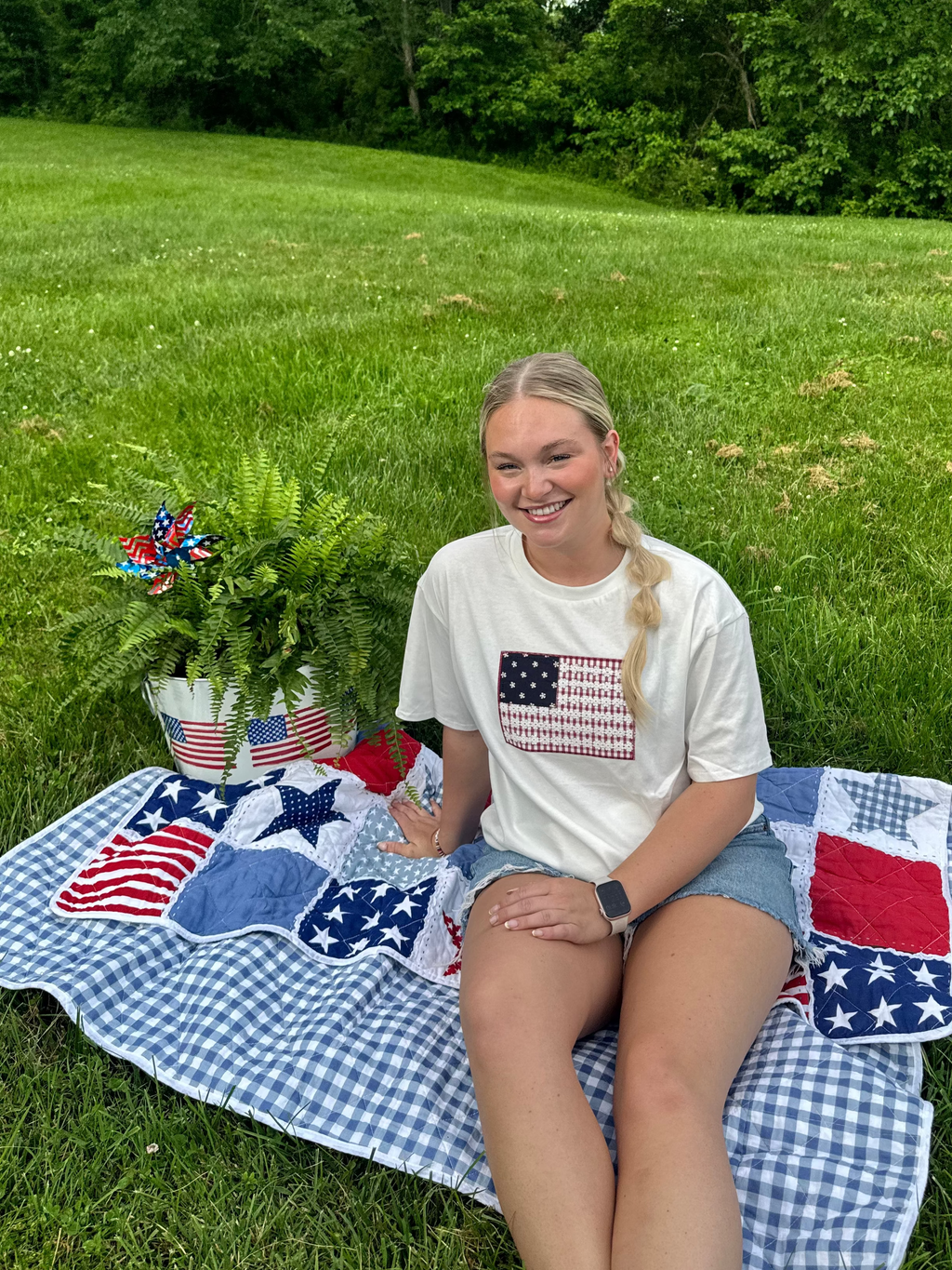 Person sitting on a picnic blanket with American flag-themed decorations in a park.