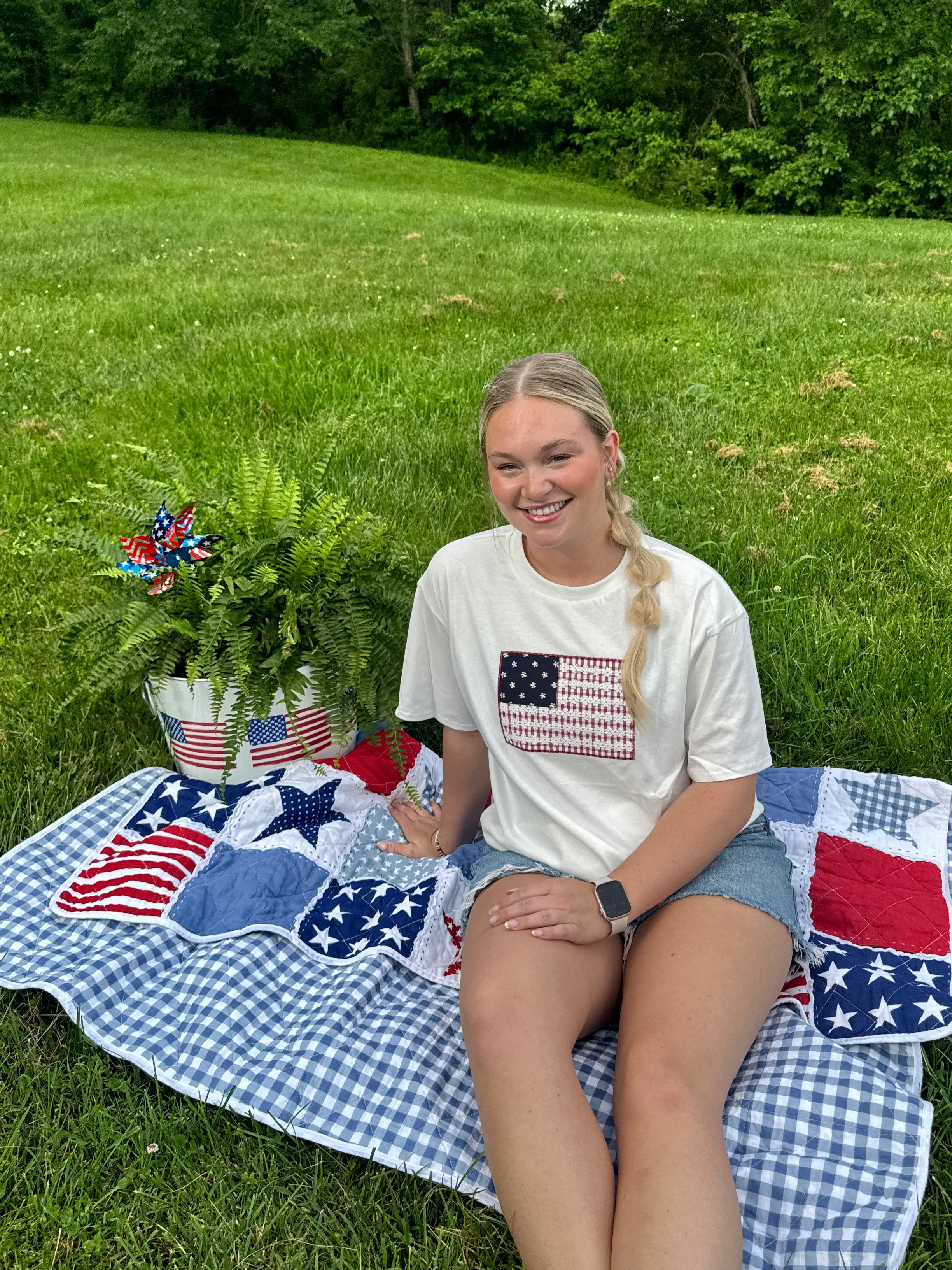 Person sitting on a picnic blanket with American flag-themed decorations in a park.